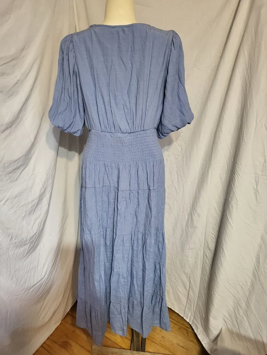 Kings Road Blue V-Neck Puff Sleeve Maxi Dress with Smocked Waist, Size Large - Picture 2 of 4